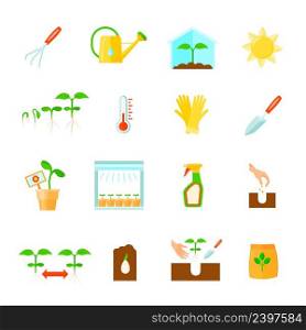 Seedling icons set with equipment symbols flat isolated vector illustration. Seedling Icons Set