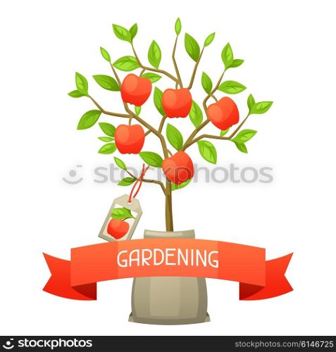 Seedling of apple tree with tag. Illustration for agricultural booklets, flyers garden.
