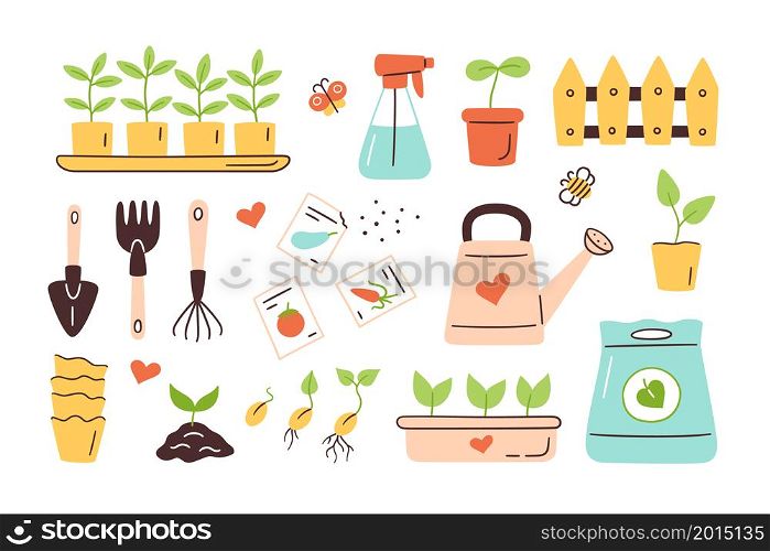 Seeds and seedlings. Germination of sprouts. Tools, pots and soil for planting. Spring sowing works. Set of hand drawn vector illustration isolated on white background.. Seeds and seedlings. Germination of sprouts. Tools, pots and soil for planting. Spring sowing works. Set of hand drawn vector illustration isolated on white background