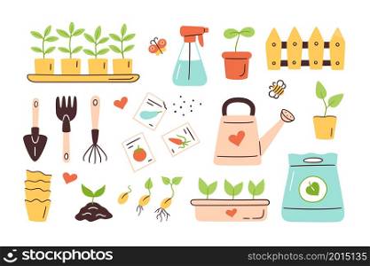 Seeds and seedlings. Germination of sprouts. Tools, pots and soil for planting. Spring sowing works. Set of hand drawn vector illustration isolated on white background.. Seeds and seedlings. Germination of sprouts. Tools, pots and soil for planting. Spring sowing works. Set of hand drawn vector illustration isolated on white background