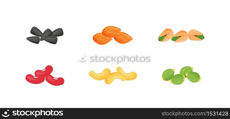 Seeds, nuts, beans cartoon vector illustrations set. Sunflower and pumpkin seeds. Almonds, pistachios, cashews flat color objects. Source of protein and oil. Healthy meal isolated on white background . ZIP file contains: EPS, JPG. If you are interested in custom design or want to make some adjustments to purchase the product, don&rsquo;t hesitate to contact us! bsd@bsdartfactory.com. Seeds, nuts, beans illustrations set
