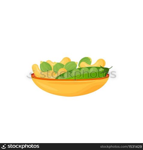 Seeds, nuts, beans in bowl cartoon vector illustration. Cashews and green peas in plate flat color object. Vegan diet. Sources of vegetable protein isolated on white background . ZIP file contains: EPS, JPG. If you are interested in custom design or want to make some adjustments to purchase the product, don&rsquo;t hesitate to contact us! bsd@bsdartfactory.com. Seeds, nuts, beans in bowl