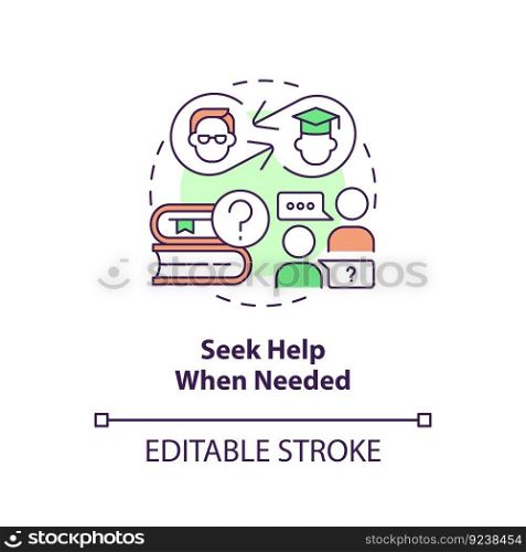 Seek help when needed concept icon. Student achievement. Asking questions. Tuition assistance. Learning improvement abstract idea thin line illustration. Isolated outline drawing. Editable stroke. Seek help when needed concept icon