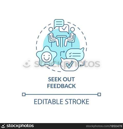 Seek out feedback blue concept icon. Training at work. Professional development. Career advancement abstract idea thin line illustration. Vector isolated outline color drawing. Editable stroke. Seek out feedback blue concept icon