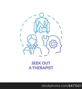Seek out therapist blue gradient concept icon. Mental health. Strategy for emotional regulation abstract idea thin line illustration. Isolated outline drawing. Myriad Pro-Bold font used. Seek out therapist blue gradient concept icon
