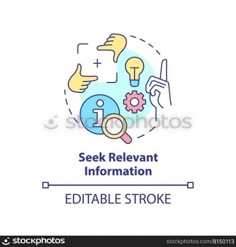 Seek relevant information concept icon. Useful knowledge. Learning technique abstract idea thin line illustration. Isolated outline drawing. Editable stroke. Arial, Myriad Pro-Bold fonts used. Seek relevant information concept icon