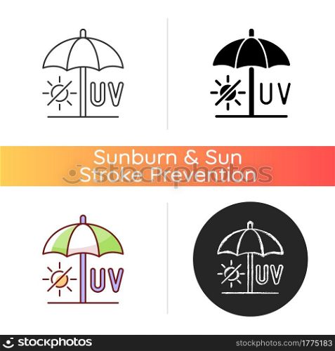 Seek shade icon. Hide under umbrella while on beach during summer. UV rays protection to avoid heatstroke. No sun exposure. Linear black and RGB color styles. Isolated vector illustrations. Seek shade icon
