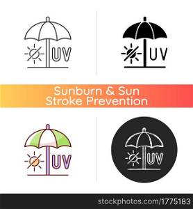 Seek shade icon. Hide under umbrella while on beach during summer. UV rays protection to avoid heatstroke. No sun exposure. Linear black and RGB color styles. Isolated vector illustrations. Seek shade icon