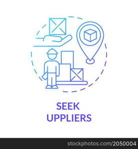 Seek suppliers blue gradient concept icon. Selection of distribution partners. Suppliers relationship management abstract idea thin line illustration. Vector isolated outline color drawing. Seek suppliers blue gradient concept icon