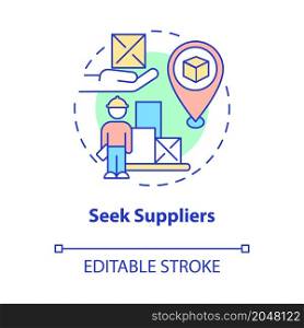 Seek suppliers concept icon. Selection of distribution partners. Suppliers relationship management abstract idea thin line illustration. Vector isolated outline color drawing. Editable stroke. Seek suppliers concept icon