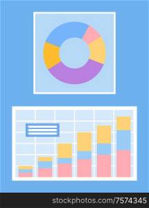 Segmented round pie diagram with info vector. Isolated icons of infographics and schemes presenting business results and analytics, flowchart data. Statisctics and Charts, Pie Diagram with Segments