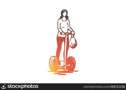 Segway, woman, electric, transport, technology concept. Hand drawn woman riding a segway concept sketch. Isolated vector illustration.. Segway, woman, electric, transport, technology concept. Hand drawn isolated vector.