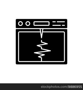 Seismograph black glyph icon. Recording ground motion during earthquake. Measuring electronic changes. Detecting seismic waves. Silhouette symbol on white space. Vector isolated illustration. Seismograph black glyph icon