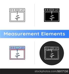Seismograph icon. Recording ground motion during earthquake. Measuring electronic changes. Detecting seismic waves. Linear black and RGB color styles. Isolated vector illustrations. Seismograph icon