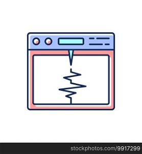 Seismograph RGB color icon. Recording ground motion during earthquake. Measuring electronic changes. Detecting seismic waves in planetary bodies. Seismometer, seismogram. Isolated vector illustration. Seismograph RGB color icon