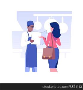 Select a food franchise isolated concept vector illustration. Businessman choosing a food franchise, dealership company, distributorship contract, opening new restaurant vector concept.. Select a food franchise isolated concept vector illustration.