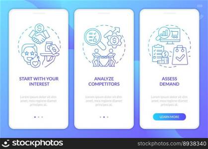 Select affiliate marketing niche blue gradient onboarding mobile app screen. Walkthrough 3 steps graphic instructions with linear concepts. UI, UX, GUI template. Myriad Pro-Bold, Regular fonts used. Select affiliate marketing niche blue gradient onboarding mobile app screen