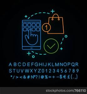 Select items neon light concept icon. Submit order. Online shopping idea. Digital purchase. Place order. Payment options. Glowing sign with alphabet, numbers and symbols. Vector isolated illustration. Select items neon light concept icon