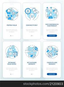 Selecting good pricing strategy blue onboarding mobile app screen set. Walkthrough 3 steps graphic instructions pages with linear concepts. UI, UX, GUI template. Myriad Pro-Bold, Regular fonts used. Selecting good pricing strategy blue onboarding mobile app screen set