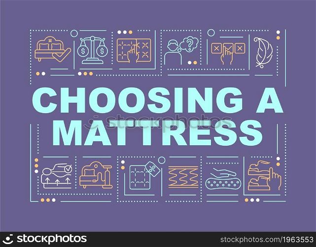 Selecting mattress word concepts banner. Comfortable sleeping. Infographics with linear icons on purple background. Isolated creative typography. Vector outline color illustration with text. Selecting mattress word concepts banner