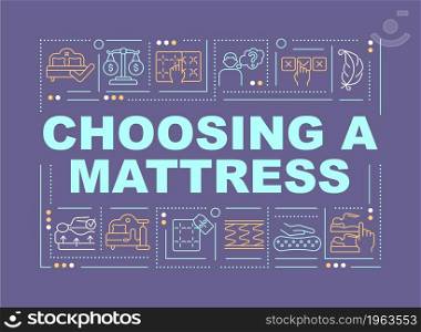 Selecting mattress word concepts banner. Comfortable sleeping. Infographics with linear icons on purple background. Isolated creative typography. Vector outline color illustration with text. Selecting mattress word concepts banner