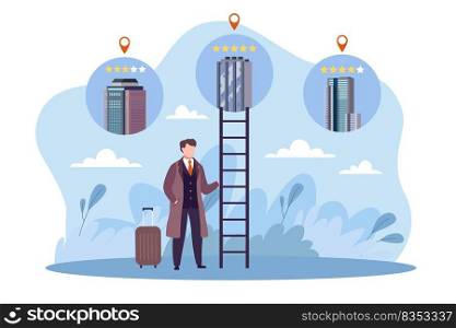 Selection, hotel booking, web platform for business people. Real estate application. hostel and apartments rating, tourist service. Reservation app. Man with luggage. Vector cartoon flat style concept. Selection, hotel booking, web platform for business people. Real estate application. hostel and apartments rating, tourist service. Reservation app. Man with luggage. Vector cartoon concept