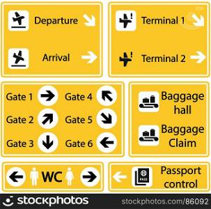 Selection of Airport signs. Selection of Airport signs on yellow background
