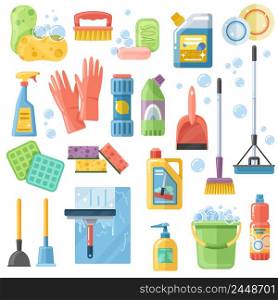 Selection of cleaning supplies tools accessories flat icons set with rubber gloves sponge brushes detergents vector illustration . Cleaning SuppliesTools Flat Icons Set