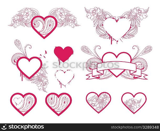 Selection of detailed heart designs. Separated elements.