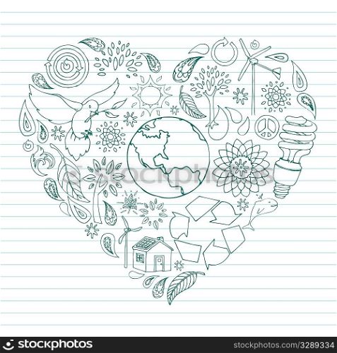 Selection of eco friendly doodles in heart shape.
