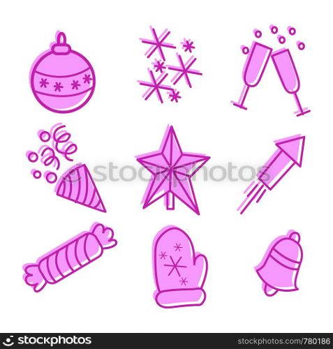 Selection of new year and Christmas symbols, linear symbols for posters, banners and postcards, vector.