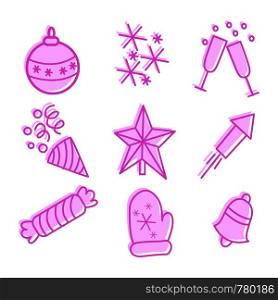Selection of new year and Christmas symbols, linear symbols for posters, banners and postcards, vector.