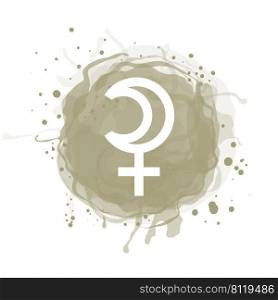 Selena planet symbol. Vector white sign on watercolor blot. Astrological calendar. Zodiacal horoscope. Outline illustration. Jyotisha. Hinduism, Indian or Vedic astrology.