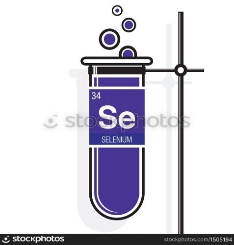 Selenium symbol on label in a violet test tube with holder. Element number 34 of the Periodic Table of the Elements - Chemistry