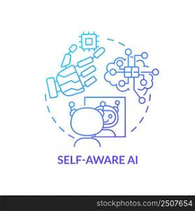 Self aware AI blue gradient concept icon. Futuristic robots. Artificial intelligence types abstract idea thin line illustration. Isolated outline drawing. Myriad Pro-Bold font used. Self aware AI blue gradient concept icon