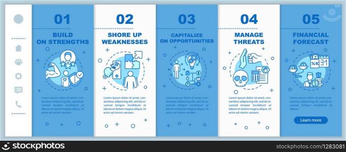 Self-building onboarding vector template. SWOT strategy. Financial forecast. Managing threats. Responsive mobile website with icons. Webpage walkthrough step screens. RGB color concept