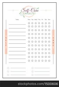 Self care checklist minimalist planner page design. Cute botanical decor element with pink color. Habit tracker bullet journal printable sheet. Personal organizer. Notebook vector template. Self care checklist minimalist planner page design