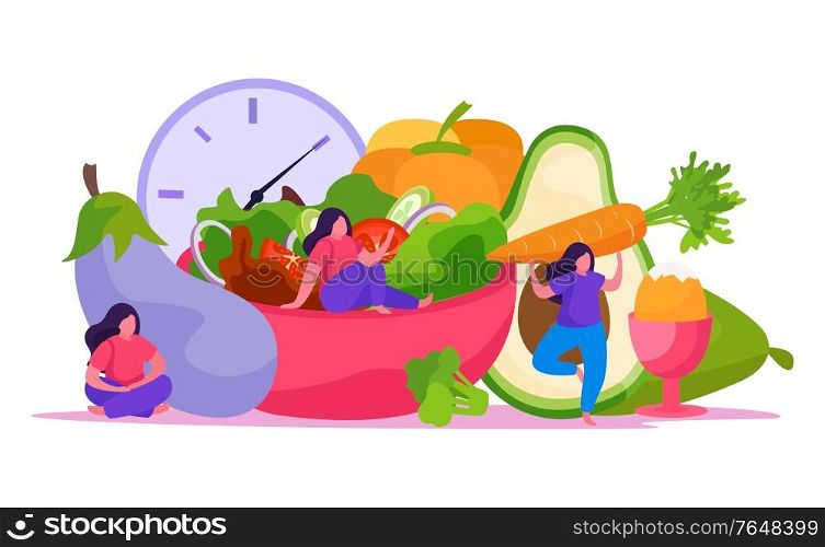 Self care concept flat and colored composition with vegetables and other healthy food vector illustration