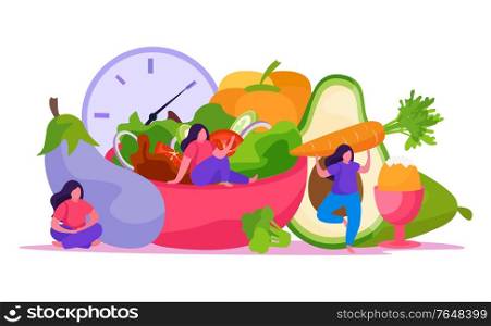 Self care concept flat and colored composition with vegetables and other healthy food vector illustration
