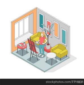 Self care concept isometric composition with man paints a picture at home vector illustration. Self Care Concept Composition