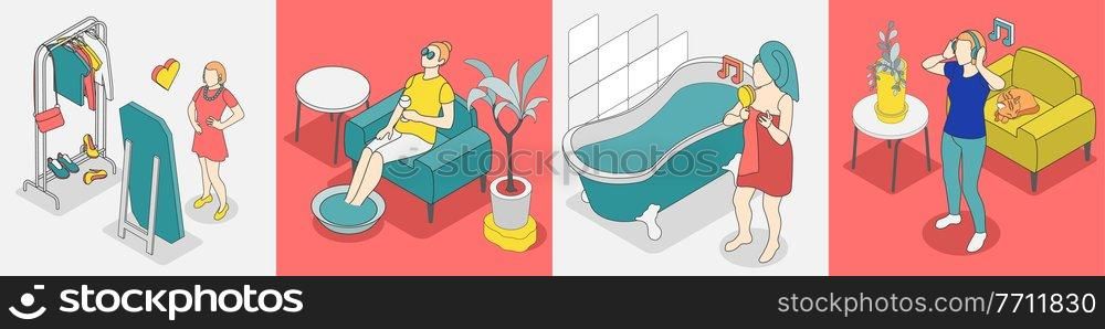 Self care concept isometric icon set with relax rest relaxation and other pleasant activities vector illustration. Self Care Concept Isometric Icon Set