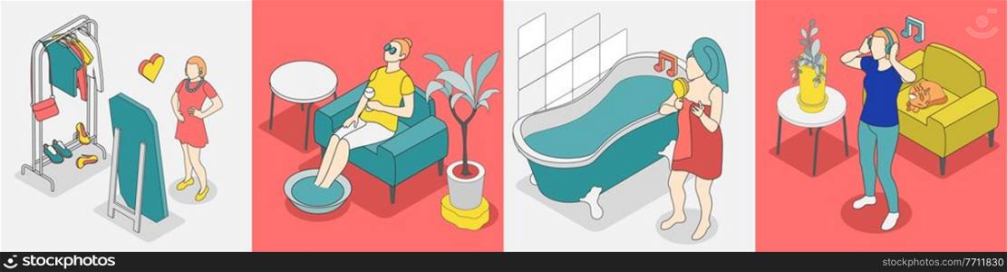Self care concept isometric icon set with relax rest relaxation and other pleasant activities vector illustration. Self Care Concept Isometric Icon Set