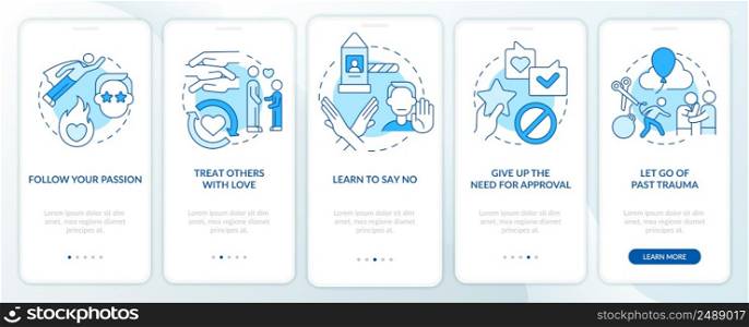 Self care daily activities blue onboarding mobile app screen. Walkthrough 5 steps graphic instructions pages with linear concepts. UI, UX, GUI template. Myriad Pro-Bold, Regular fonts used. Self care daily activities blue onboarding mobile app screen