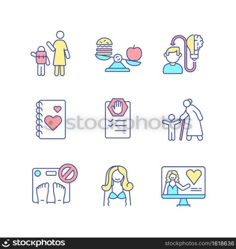Self care practice RGB color icons set. Choose healthy food. Rebooting brain. Gratitude journal. Create no list. Stop weighting. Plus size. Send children to grandmother. Isolated vector illustrations. Self care practice RGB color icons set