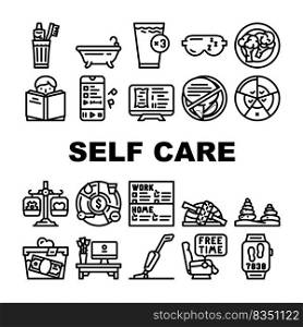 Self Care Procedure And Life Task Icons Set Vector. Self Care Training Exercise And Meditation, House Cleaning And Donation, Brush Teeth And Bathing, Eat Healthcare Food And Drink Color Illustrations. Self Care Procedure And Life Task Icons Set Vector