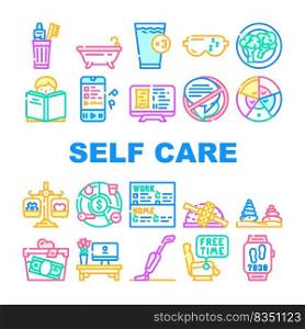 Self Care Procedure And Life Task Icons Set Vector. Self Care Training Exercise And Meditation, House Cleaning And Donation, Brush Teeth And Bathing, Eat Healthcare Food And Drink Color Illustrations. Self Care Procedure And Life Task Icons Set Vector