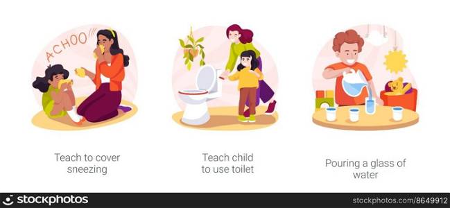 Self-care skills development in home-based daycare isolated cartoon vector illustration set. Teach to cover sneezing and to use toilet, pouring a glass of water, personal hygiene vector cartoon.. Self-care skills development in home-based daycare isolated cartoon vector illustration set