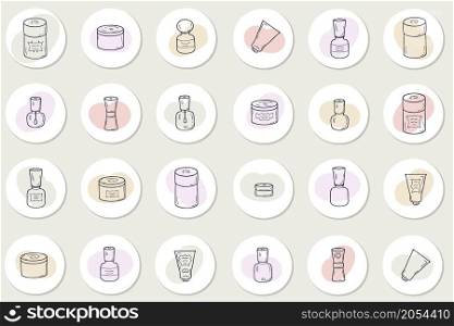 Self care story highlight icons set of cosmetic jars. Hand drawn vector elements for decor and design.