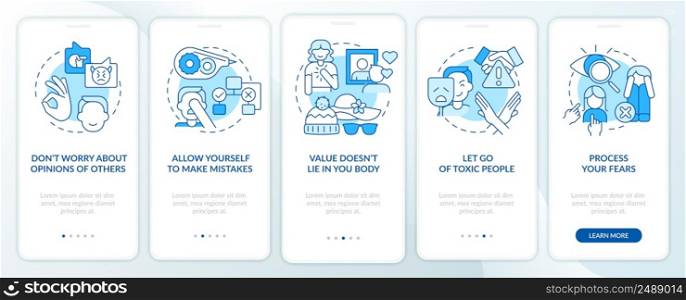 Self-care strategies blue onboarding mobile app screen. Walkthrough 5 steps graphic instructions pages with linear concepts. UI, UX, GUI template. Myriad Pro-Bold, Regular fonts used. Self-care strategies blue onboarding mobile app screen