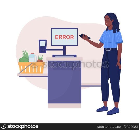 Self check out error 2D vector isolated illustration. Lack of money. Market buyer flat character on cartoon background. Grocery payment error colourful scene for mobile, website, presentation. Self check out error 2D vector isolated illustration